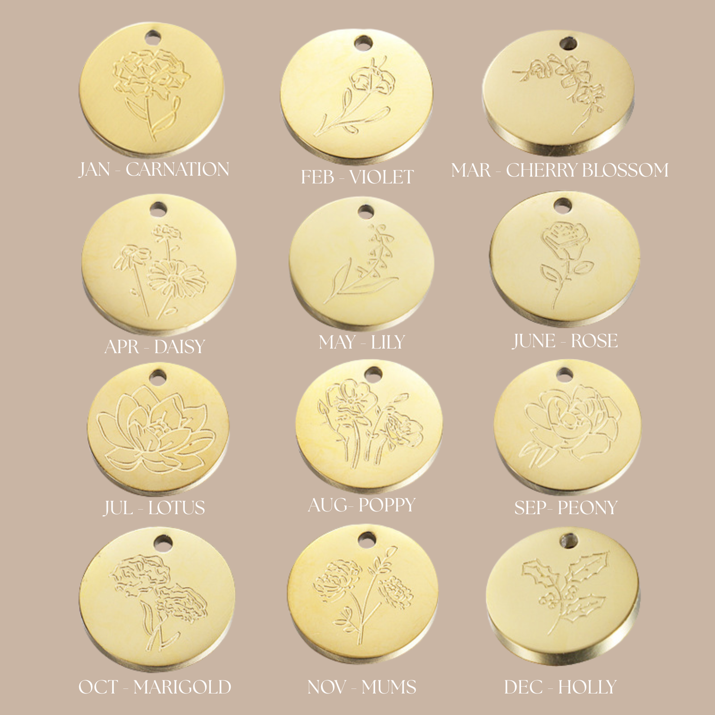 Gold charms with engraved floral designs and months on a beige background
