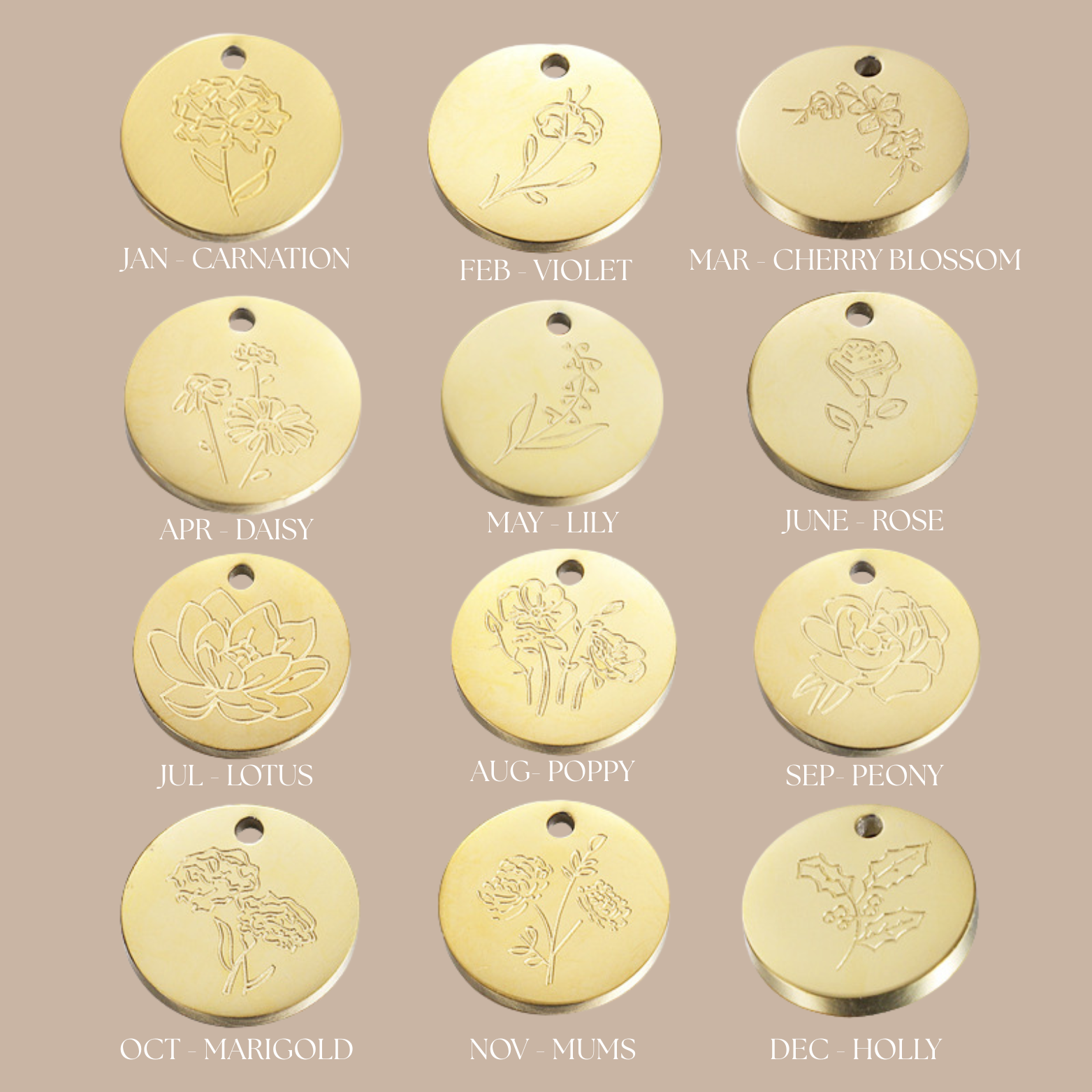 Gold charms with engraved floral designs and months on a beige background