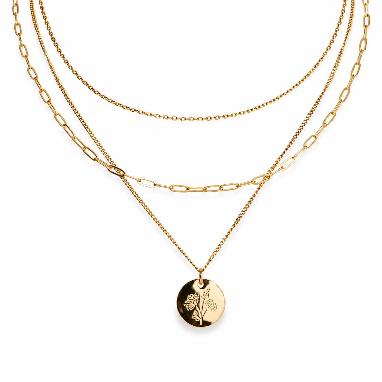 Custom Birth Flower Layered Necklace – 3-in-1 Gold Necklace | Lazee Jewelry