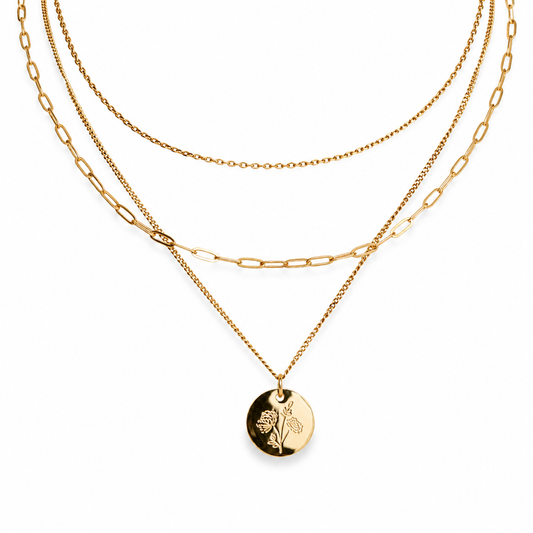 Custom Birth Flower Layered Necklace – 3-in-1 Gold Necklace | Lazee Jewelry